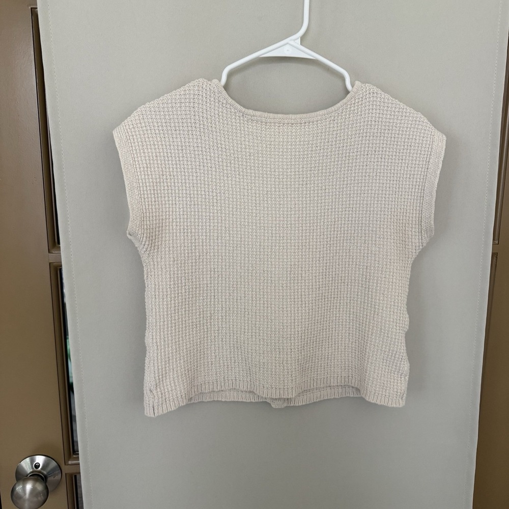 Madewell Womens Medium Cream Boxy Button Back Waffle Knit Short Sleeve Shirt Top